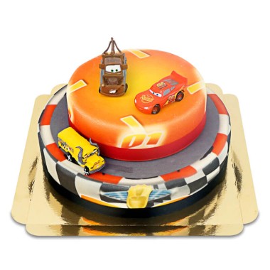 Cars 2® - Lightning McQueen, Miss Fritter en Takel op twee-verdiepingen circuit taart met lint
