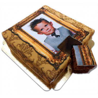 Luxe fototaart  - Gouden frame op dubbele fudge taart