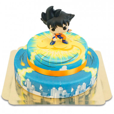 Son Goku op nimbus met 2 verdiepingen boven stadstaart