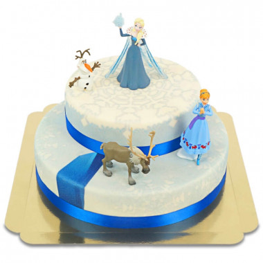 Ijskoningin Elsa, zus Anna & Olaf op twee-verdiepingen sneeuwvlok taart