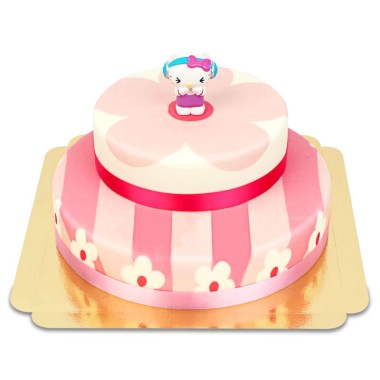 Hello Kitty® figuren op twee-verdiepingen roze bloemen taart