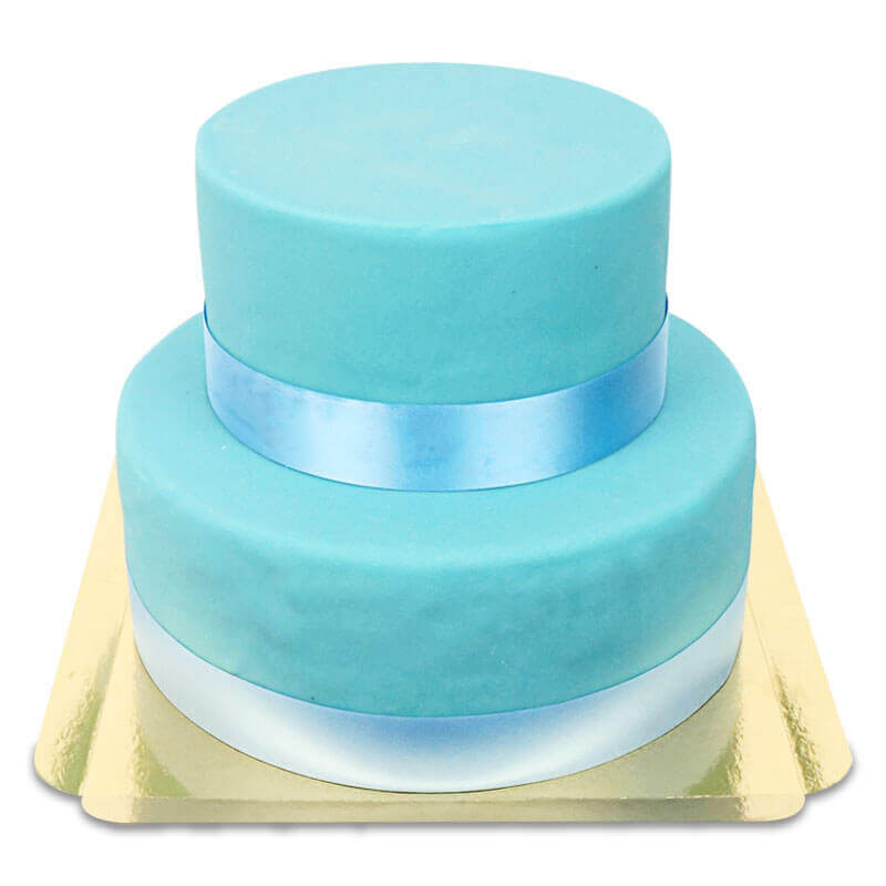 Blauwe luxe taart met taartenlint twee verdiepingen