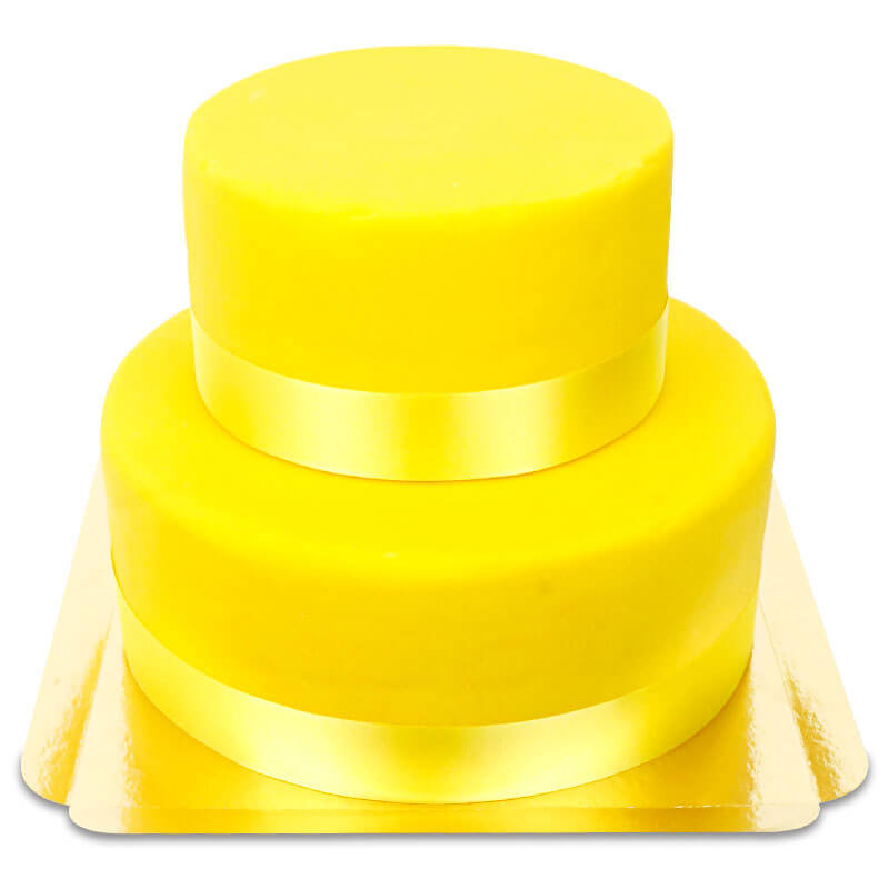 Gele luxe taart met taartenlint twee verdiepingen