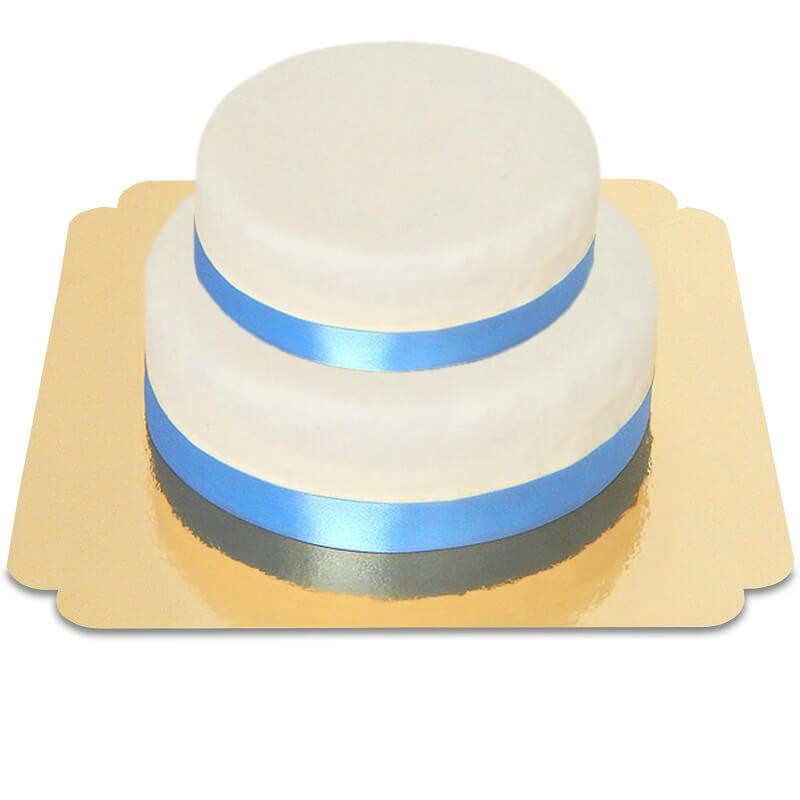 Witte 2-verdiepingen taart met taartenlint blauw