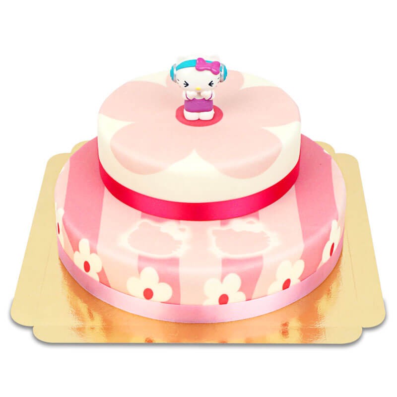 Hello Kitty figuren op twee-verdiepingen roze bloemen taart
