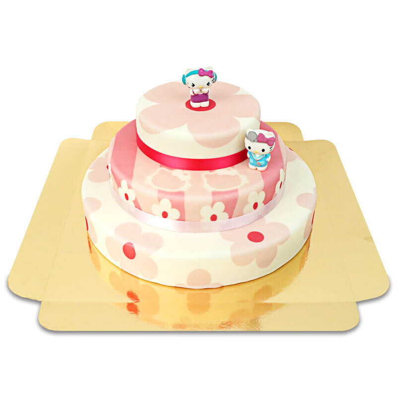 Hello Kitty figuren op drie-verdiepingen roze bloemen taart