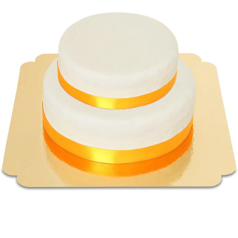 Witte 2-verdiepingen taart met taartenlint oranje