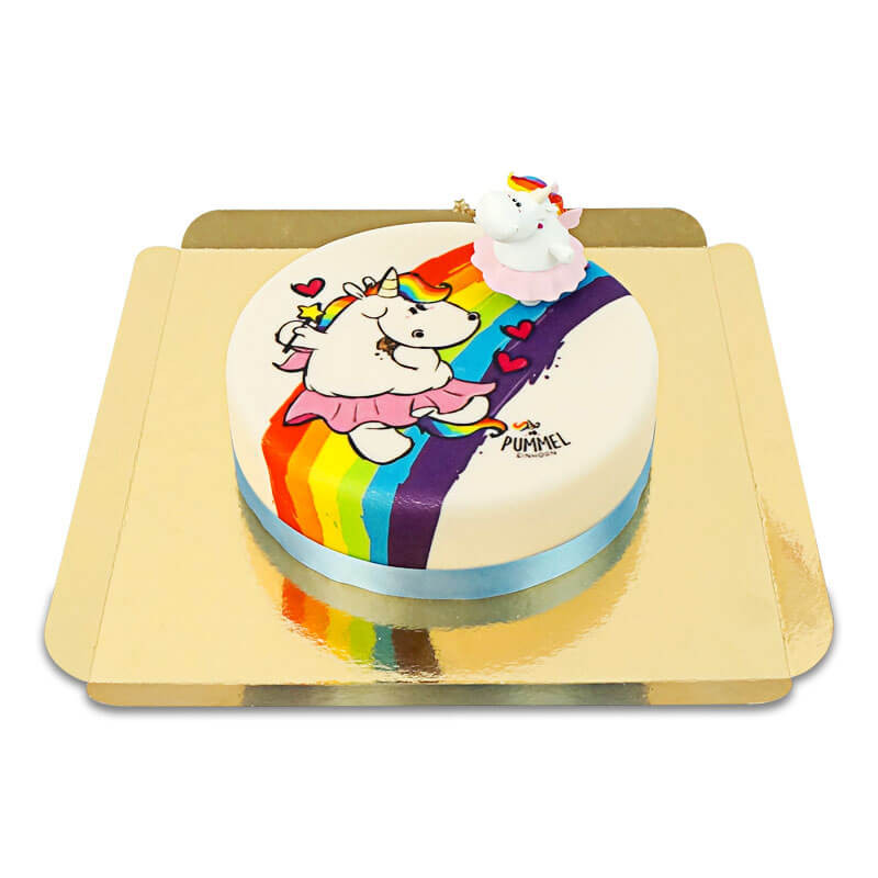 Chubby unicorn op regenboog taart