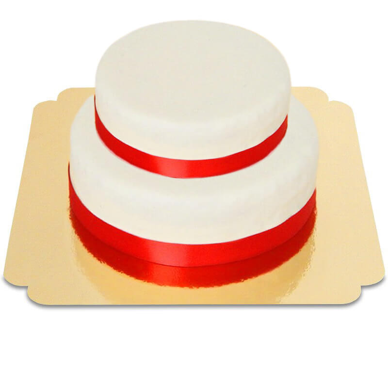 Witte 2-verdiepingen taart met taartenlint rood
