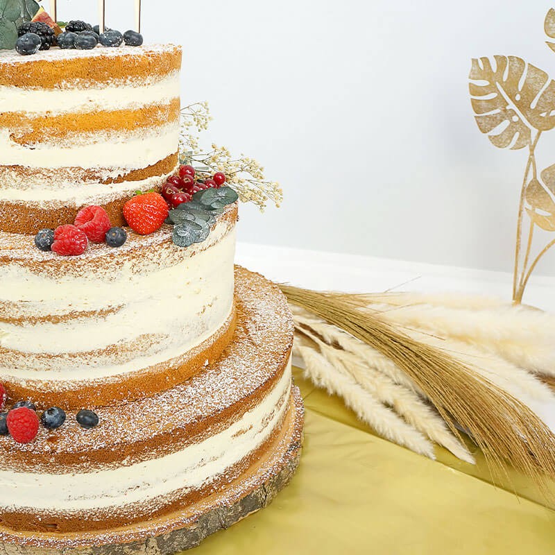 Gedroogde bloemen taartdecoratie - eucalyptus en gipskruid op naked cake voorbeeld