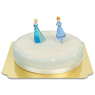 Frozen Anna & Elsa op sneeuwvlok taart