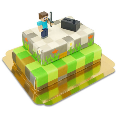 Figuren Minecraft op tweelaagse spelwereld-taart