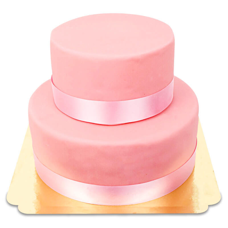 Roze luxe taart met taartenlint twee verdiepingen