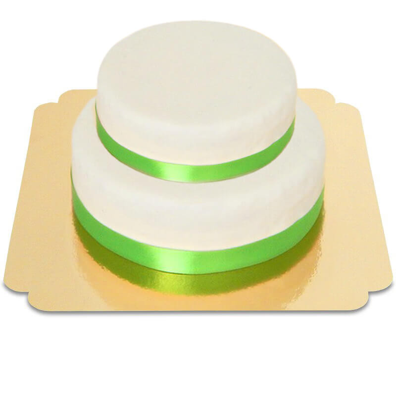 Witte 2-verdiepingen taart met taartenlint groen