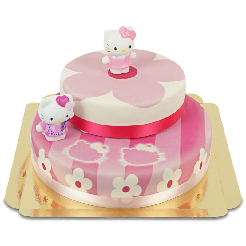 Hello Kitty figuren op twee-verdiepingen roze bloemen taart