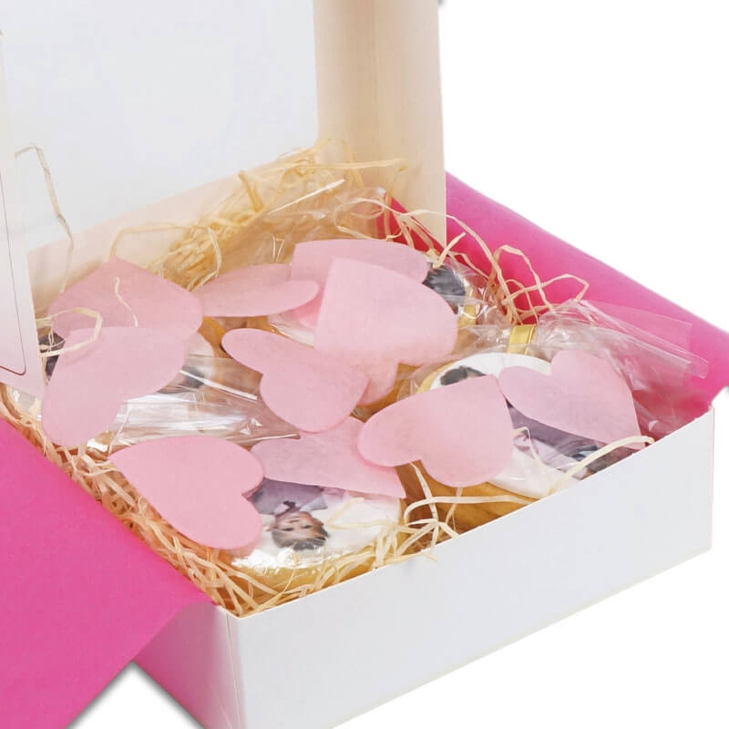 Foto koekjes, rond (12 stuks) verpakking met hartjes